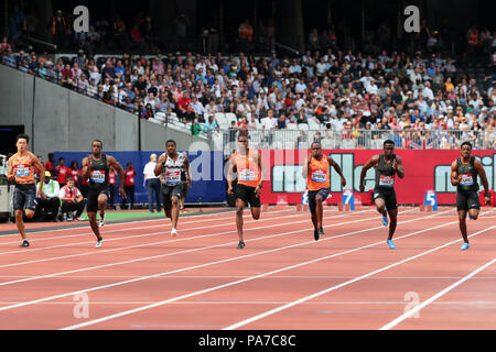 London, UK. 21st July 18. Isiah YOUNG (United States of America), Tyquendo TRACEY (Jamaica), Akani SIMBINE (South Africa), Zharnel HUGHES (Great Britain), Yohan BLAKE (Jamaica), Ronnie BAKER (United States of America), Zhenye XIE (China) competing in the Men's 100m Final at the 2018, IAAF Diamond League, Anniversary Games, Queen Elizabeth Olympic Park, Stratford, London, UK. Credit: Simon Balson/Alamy Live News Stock Photo