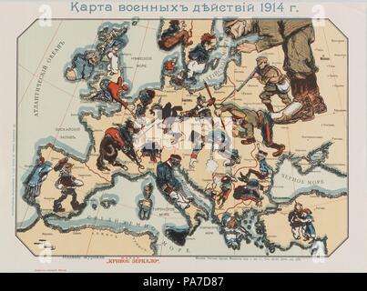 Map of the 1914 war activities, edited by the Moscow magazine New Distorted Mirror. Museum: State Hermitage, St. Petersburg. Stock Photo