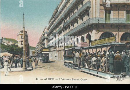 . Nederlands: Briefkaart met trams in Algiers . pre WW I 114 Algers Avenue Bab-el-Qued Stock Photo