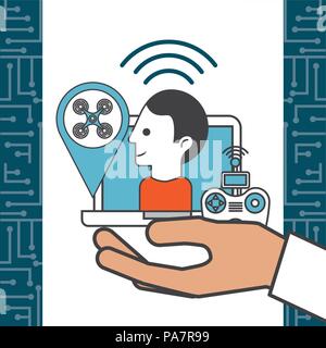 drone technology futuristic location hand holding tablet control game vector illustration Stock Vector