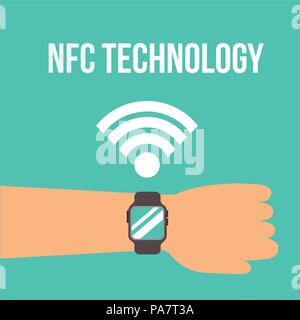 nfc payment technology signal hand using wristwatch vector illustration Stock Vector