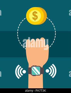 nfc payment technology hand using wristwatch signal coin vector illustration Stock Vector