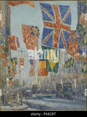 Avenue of the Allies, Great Britain, 1918. Artist: Childe Hassam (American, Dorchester, Massachusetts 1859-1935 East Hampton, New York). Dimensions: 36 x 28 3/8 in. (91.4 x 72.1 cm). Date: 1918.  The only major American Impressionist to depict the home front during World War I, Hassam produced his Flag series, some thirty canvases representing Manhattan's Fifth Avenue and adjacent streets decorated with patriotic emblems, from 1916 to 1919. For Liberty Loan drives, organized by the United States government to promote the sale of savings bonds, stretches of Fifth Avenue were draped with flags a Stock Photo