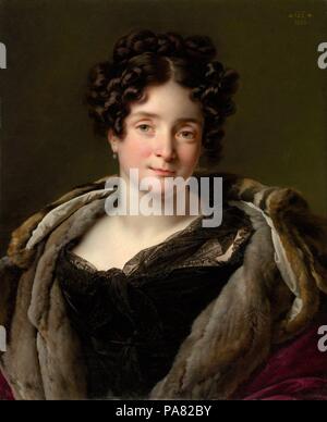 Madame Jacques-Louis-Étienne Reizet (Colette-Désirée-Thérèse Godefroy, 1782-1850). Artist: Anne Louis Girodet-Trioson (French, Montargis 1767-1824 Paris). Dimensions: 23 3/4 x 19 1/2 in. (60.3 x 49.5 cm). Date: 1823.  This work, one of Girodet's last, betrays the meticulous technique characteristic of the neoclassicism of his teacher, Jacques-Louis David, as well as the perfected forms of the Florentine Renaissance. Letters exchanged between Girodet and the sitter indicate that they knew each other well, and that every detail of the portrait was worked out beforehand. Madame Reizet's husband w Stock Photo