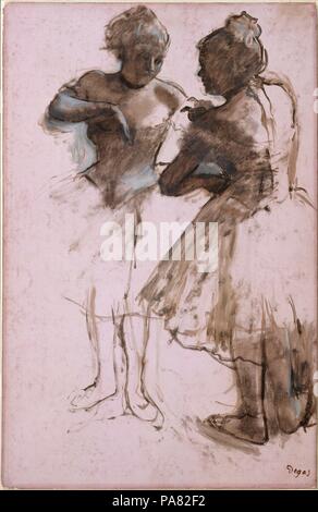 Two Dancers. Artist: Edgar Degas (French, Paris 1834-1917 Paris). Dimensions: 24 1/8 x 15 1/2 in. (61.3 x 39.4 cm). Date: 1873.  This freely brushed drawing belongs to the stock of figure studies Degas executed in sepia wash on colored papers for his great rehearsal pictures of the mid-1870s. The dancers are posed to the left and right of the ballet master in <i>The Dance Class</i> (Musée d'Orsay, Paris), begun in 1873, and the one at right also appears, looking into a mirror, in the Metropolitan's version of 1874 (1987.47.1). Museum: Metropolitan Museum of Art, New York, USA. Stock Photo