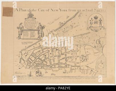 A Plan of the City of New York from an Actual Survey Made by James Lyne, 1728. Artist: After James Lyne (British, active 1728). Dimensions: image: 16 11/16 x 21 7/8 in. (42.4 x 55.6 cm)  sheet: 19 7/8 x 27 1/4 in. (50.5 x 69.2 cm). Publisher: Published by George Hayward (American (born England), ca. 1800-ca. 1872). Date: 1834-72. Museum: Metropolitan Museum of Art, New York, USA. Stock Photo