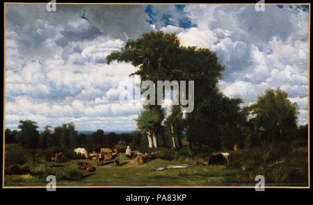 Landscape with Cattle at Limousin. Artist: Jules Dupré (French, Nantes 1811-1889 L'Isle-Adam). Dimensions: 31 x 51 1/2 in. (78.7 x 130.8 cm). Date: 1837.  Unlike many of the Barbizon painters who traveled to Italy or throughout France for practical training, Dupre traveled to England in 1834 for a short but critical period of study. It was there that he encountered Constable, a renowned British landscape artist, and started to emulate the sense of movement and energy present in Constable's landscapes. Painted several years after his trip to England, this landscape is dynamic: movement stirs am Stock Photo