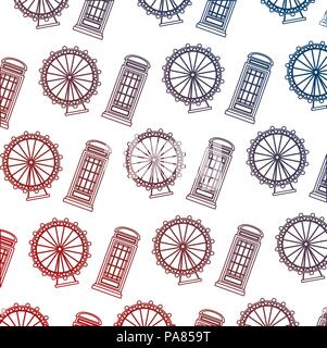 english telephone box and wheel london eye pattern vector illustration neon Stock Vector