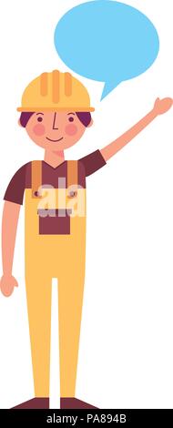 worker contruction in yellow overalls speech bubble vector illustration Stock Vector