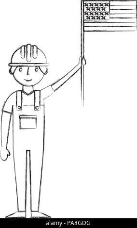 worker contruction in overalls holding american flag labor day Stock Vector