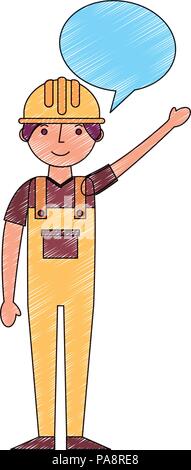 worker contruction in yellow overalls speech bubble Stock Vector