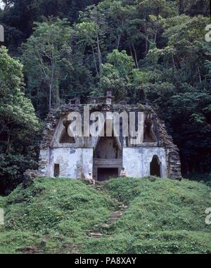 TEMPLO DE LA CRUZ FOLIADA RODEADO DE ARBOLES-ARTE MAYA. Location: TEMPLO DE LA CRUZ FOLIADA, PALENQUE, CIUDAD DE MEXICO. Stock Photo