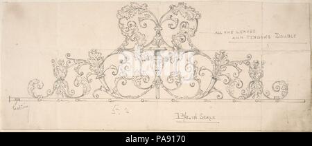 Wrought Metal Foliate Ornament with Grotesque Masks. Artist: Anonymous, British, 19th century. Dimensions: sheet: 3 15/16 x 9 1/4 in. (10 x 23.5 cm). Date: 1870-90. Museum: Metropolitan Museum of Art, New York, USA. Stock Photo