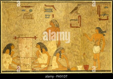 Weavers, Tomb of Khnumhotep. Artist: Norman de Garis Davies (1865-1941). Dimensions: facsimile: h. 66.5 cm (26 3/16 in); w. 103.5 cm (40 3/4 in)  Scale 1:1  framed: h. 69.9 cm (27 1/2 in); w. 106.2 cm (41 13/16 in). Dynasty: Dynasty 12. Reign: reign of Senwosret II. Date: ca. 1897-1878 B.C..  This facsimile painting copies part of a scene in the tomb of Khnumhotep (tomb 3) at Beni Hasan. The scene depicts a group of weavers. The women at the right are plying linen thread and the two at the left are weaving cloth on a ground loom. The facsimile was painted at the tomb in 1931 by Norman de Garis Stock Photo