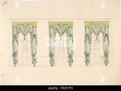 Design for Green and White Curtains with Green Fringes and a Green and Gold Pediment. Artist: Anonymous, British, 19th century. Dimensions: sheet: 8 5/8 x 12 5/16 in. (21.9 x 31.2 cm). Date: early 19th century. Museum: Metropolitan Museum of Art, New York, USA. Stock Photo