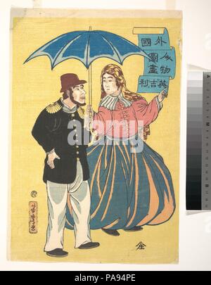 English Couple Sharing an Umbrella. Artist: Utagawa Yoshitora (Japanese, active ca. 1850-80). Culture: Japan. Dimensions: 14 3/4 x 9 3/4 in. (37.5 x 24.8 cm). Museum: Metropolitan Museum of Art, New York, USA. Stock Photo