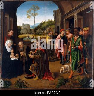 The Adoration of the Magi. Artist: Workshop of Gerard David (Netherlandish, Oudewater ca. 1455-1523 Bruges). Dimensions: Overall 27 3/4 x 28 7/8 in. (70.5 x 73.3 cm); painted surface 27 1/2 x 28 3/8 in. (69.2 x 72.1 cm). Date: ca. 1520.  First established in Bruges, Gerard David also joined the painter's guild in Antwerp in 1515, where his compositions and motifs soon began to circulate. This excellently preserved panel is strongly indebted to David's work. The extravagantly dressed onlookers, however, are a pure invention of Antwerp art, as is the landscape view with travelers carrying goods  Stock Photo