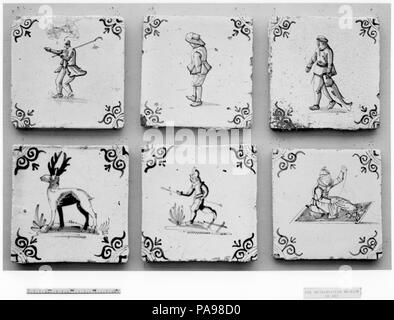 Tile. Culture: Dutch. Dimensions: Overall (tile): 5 × 5 in. (12.7 × 12.7 cm);  Overall (whole panel): 21 × 16 in. (53.3 × 40.6 cm). Date: 1640-60. Museum: Metropolitan Museum of Art, New York, USA. Stock Photo