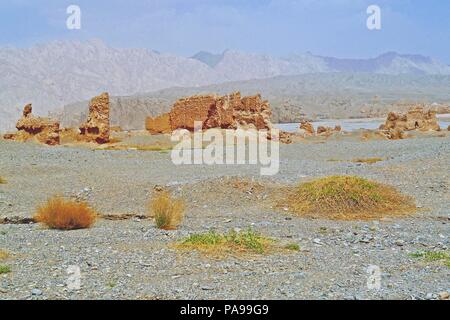 Subashi Buddhist ancient city ruins is a lost city located near Kuqa in the Taklamakan Desert on the ancient Silk Road, Xinjiang, China. Stock Photo