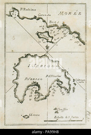 166 Map of Cythera charting the port waters and the beach of Agios Nicolaos - Roux Joseph - 1804 Stock Photo