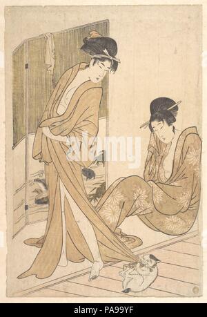 Two Young Women Wrapped in Yukata After a Bath. Artist: Kitagawa Utamaro (Japanese, ca. 1754-1806). Culture: Japan. Dimensions: H. 15 in. (38.1 cm); W. 10 in. (25.4 cm). Date: ca. 1796. Museum: Metropolitan Museum of Art, New York, USA. Stock Photo