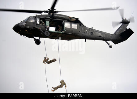 Two Army National Guard Soldiers rappel nearly 90-feet down from an Oregon Army National Guard HH-60M Black Hawk helicopter during the aircraft command and control portion of the Rappel Master Course, June 13, 2018, at Camp Rilea near Warrenton, Oregon. Soldiers must successfully send rappelling Soldiers out of the aircraft and score 100-percent in order to pass the test. (Photo by Capt. Leslie Reed, Oregon Military Department Public Affairs). Stock Photo