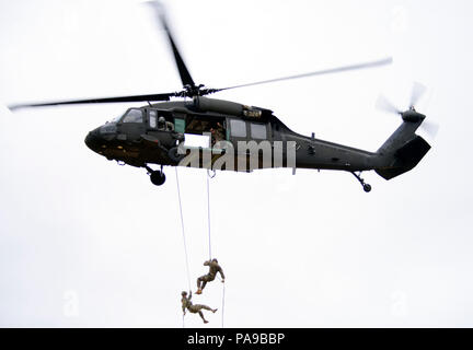 An Oregon Army National Guard HH-60M Black Hawk helicopter hovers 90-feet above the ground while two National Guard Soldiers rappel from the aircraft during an aircraft command and control test, June 13, 2018, at Camp Rilea near Warrenton, Oregon. Soldiers were tested in groups of three, with two rappelling Soldiers and one graded Rappel Master student, under the guidance of Warrior Training Center instructors from Fort Benning, Georgia. Students must score 100-percent in order to successfully graduate from the the weeklong course. (Photo by Capt. Leslie Reed, Oregon Military Department Public Stock Photo