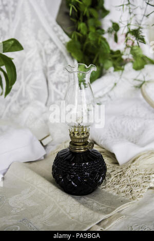 Old oil lamp, detail of artificial lighting, flame Stock Photo