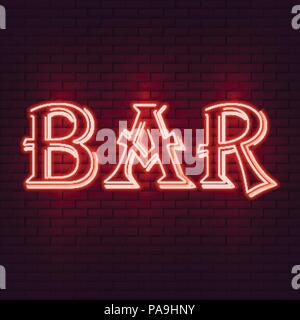 Red luminous neon sign bar against a brick wall. Vector illustra Stock Vector