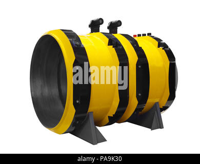 New yellow pipe of the main gas pipeline of large diameter and high pressure with telemetry and flow sensors prepared cutaway isolated on white backgr Stock Photo