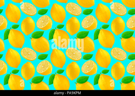 Seamless pattern with lemons. Lemon isolated on blue background. Stock Photo