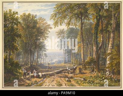 Woodcutters at Park Place, Henley, the River Thames Beyond. Artist: William Havell (British, Reading 1782-1857 London). Dimensions: sheet: 9 5/8 x 13 3/8 in. (24.4 x 33.9 cm). Date: ca. 1826.  A blue-tinged rendering of the distant Thames anchors Havell's watercolor of a scene near Henley--a view created when an estate owner cut a new road through the woods. Men working on a felled tree and a woman resting in the sun with her baby enliven the foreground. In 1827 Havell exhibited this work at the Old Watercolour Society's annual London exhibition, signaling his reengagement with the English lan