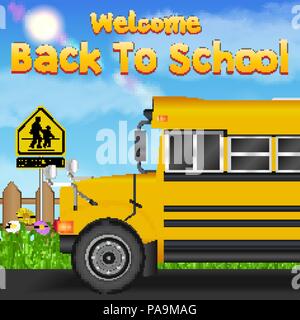back to school with school bus on the road Stock Vector