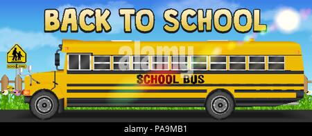 back to school with school bus on the road Stock Vector