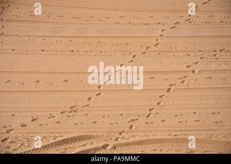 Footprints and tracks in the sand on the beach, Albufeira, Portugal, Europe. Stock Photo