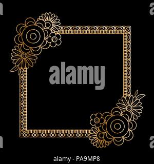 Golden floral frame template. Flowers and plants squarer frame. Design element with space for your text. Vector illustration. Stock Vector