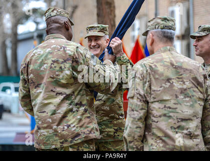 Gen. John Campbell and Gen. John Nicholson performed the passing of the colors as part of the COMRS change of command ceremony at Camp Resolute Support in Kabul, Afghanistan. With this ceremony, Gen. John Nicholson assumes the duties as the new commander of Resolute Support, U.S. Forces Afghanistan. Stock Photo