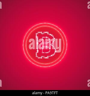 Abstract neon pink energy ring with bitcoin on a pink background. Stock Vector