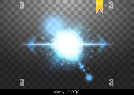 Effect of the explosion, flying in different directions of the particles, glow blue lens. Vector illustration Star flash. Blue rays and sparks on a transparent background Stock Vector
