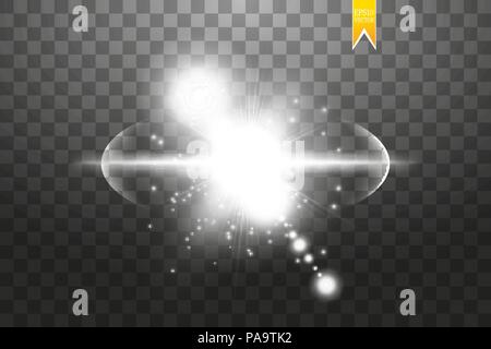 Effect of the explosion, flying in different directions of the particles, glow white lens. Vector illustration Star flash. White rays and sparks on a transparent background Stock Vector