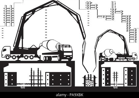 Concrete pump trucks on construction site - vector illustration Stock Vector