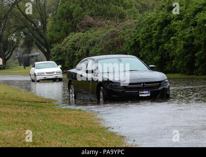 Several roads were closed due to flash flooding at Barksdale Air Force Base, La., March 9, 2016. Flash flooding swept the ArkLaTex region, where some areas saw more than 25 inches of rain over a three-day period. A state of emergency was declared in over 16 Louisiana parishes. (U.S. Air Force photo/Airman 1st Class Curt Beach) Stock Photo