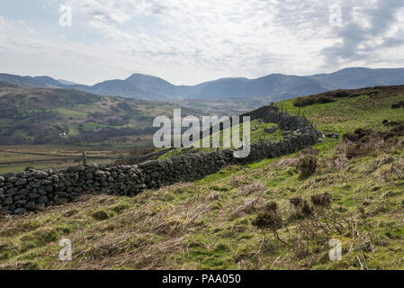 View to the Carneddau mountains from hills near Llanbedr-y-Cennin in North Wales, UK. Stock Photo