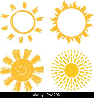 vector icons of suns isolated on white background. collection of yellow sun symbols, flat style Stock Vector