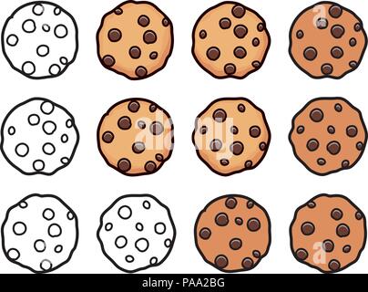vector set of chocolate chip whole cookies isolated on white background. homemade biscuit choc cookie symbol collection. top view of flat cookie clipa Stock Vector