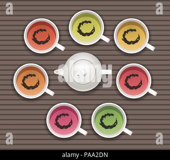 vector collection of tea cups with herbal and fruit tea. top view, eps10 illustration. set of teacup and teapot icons Stock Vector