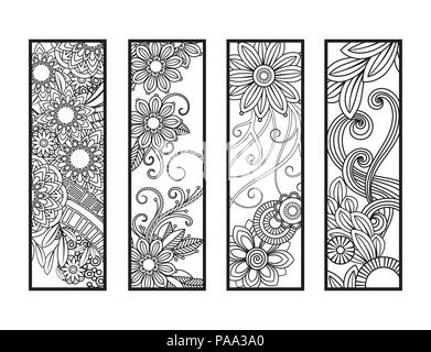 Set of four bookmarks in black and white. Doodles flowers and ornaments for adult coloring book. Vector illustration. Stock Vector
