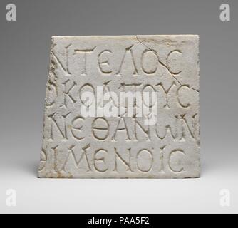 Marble plaque with epigram of Sopatros. Culture: Roman, Cypriot. Dimensions: Overall: 5 9/16 x 15 1/8 x 11/16 in. (14.1 x 38.4 x 1.7 cm). Date: ca. 2nd-3rd century A.D..  The metrical inscription takes the form of an elegaic couplet (an hexameter and a pentameter), each divided into two lines. Such literary pretensions seem to be quite common among the funerary inscriptions of Roman Cyprus. Museum: Metropolitan Museum of Art, New York, USA. Stock Photo