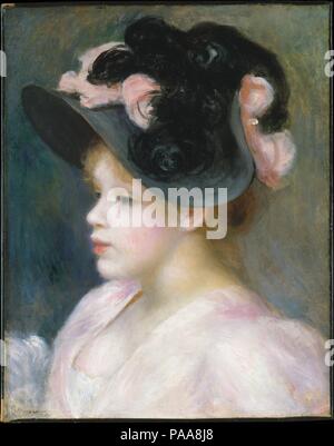 Young Girl in a Pink-and-Black Hat. Artist: Auguste Renoir (French, Limoges 1841-1919 Cagnes-sur-Mer). Dimensions: 16 x 12 3/4 in. (40.6 x 32.4 cm). Date: ca. 1891.  This is one of many paintings that Renoir made in the 1890s of stylish young women in modish hats. He repeated the subject often, even at the end of the decade, when the extravagant hats had become unfashionable and his dealer tried to discourage him from producing more. Museum: Metropolitan Museum of Art, New York, USA. Stock Photo