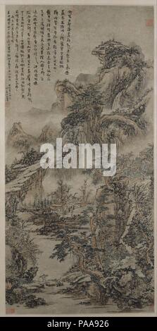 Wooded Mountains at Dusk. Artist: Kuncan (Chinese, 1612-1673). Culture: China. Dimensions: Image: 49 1/2 x 24 in. (125.7 x 61 cm)  Overall with mounting: 101 1/4 x 31 5/8 in. (257.2 x 80.3 cm)  Overall with knobs: 101 1/4 x 34 3/4 in. (257.2 x 88.3 cm). Date: dated 1666.  Born on the Buddha's birthday, Kuncan took Buddhist monastic vows at age twenty-six and became an ardent Chan (Zen) follower. After the establishment of the Qing dynasty, he lived in Nanjing, where his friends included poet-painters who considered themselves loyal 'leftover subjects' of the vanquished Ming dynasty. In 1659 he Stock Photo